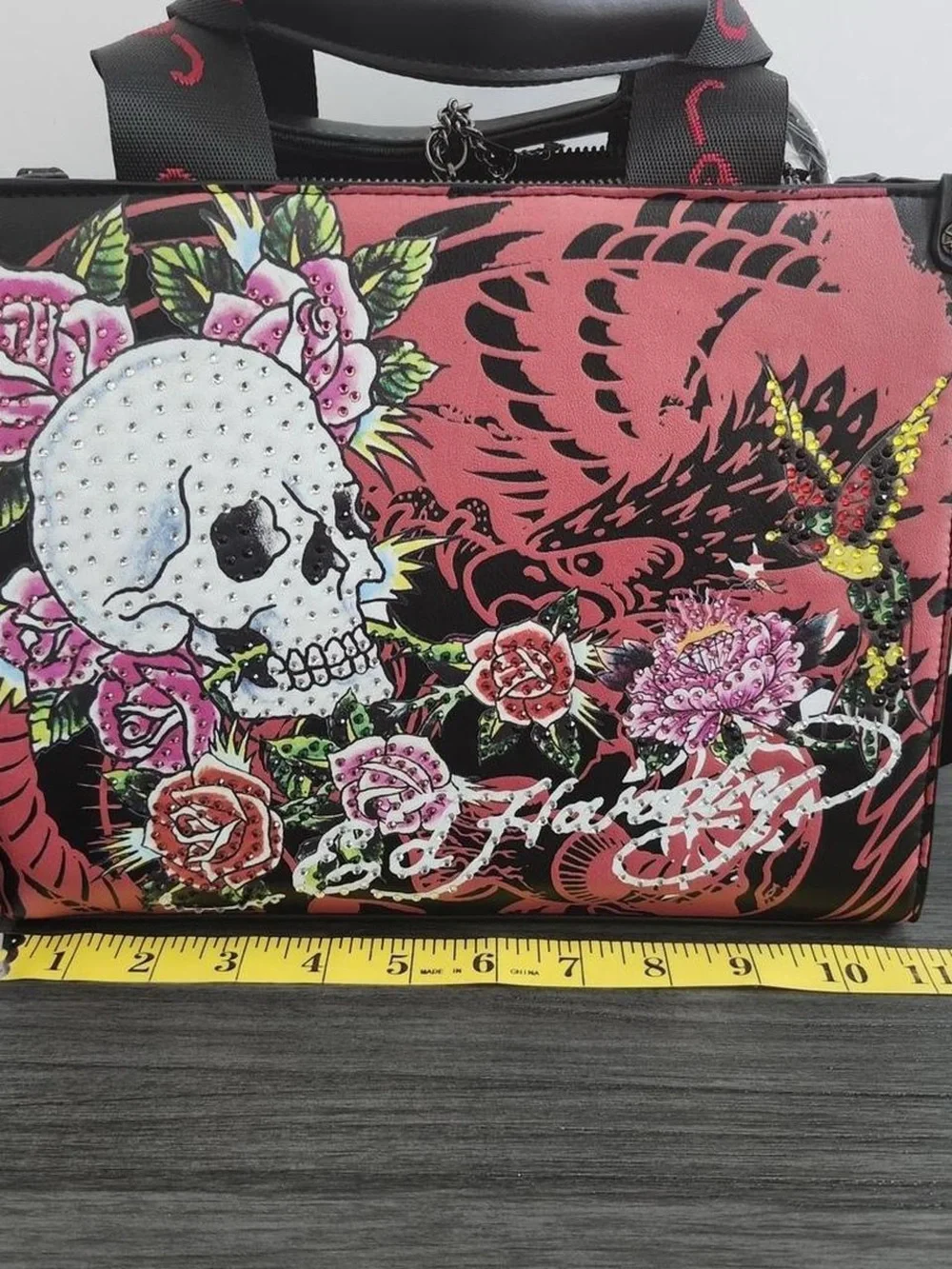 Ed Hardy Pink and Black Floral Skull Satchel with Stud Embellishments